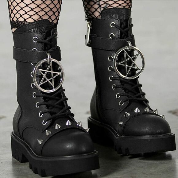 Killstar Shoes - Killstar Black Pentagram Spiked Ring Me Up SZ 9 Boots NWT & Box Platform Combat
